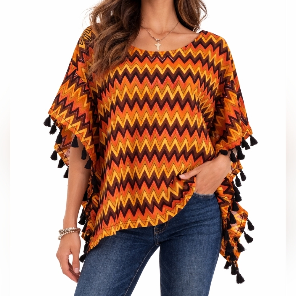 All AT ONCE Retro Zigzag Chevron Tassel Poncho Festival Blouse Small Medium